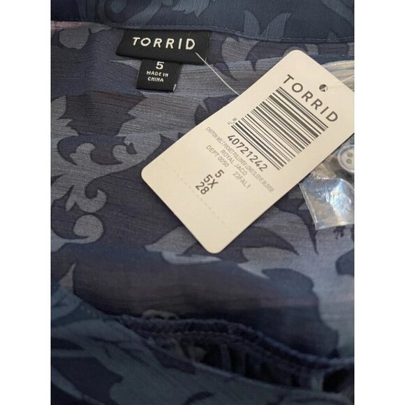 Torrid +5 Blue Sheer Chiffon Floral Split Neck Button Down Long Sleeve Blouse - Picture 6 of 6